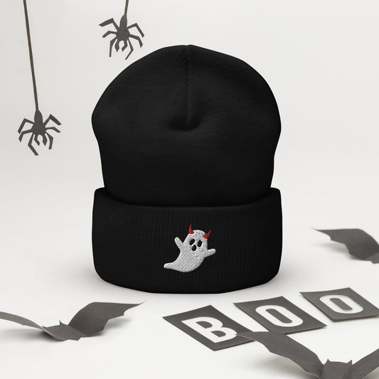 A black cuffed Halloween beanie featuring an embroidered ghost wearing devil horns