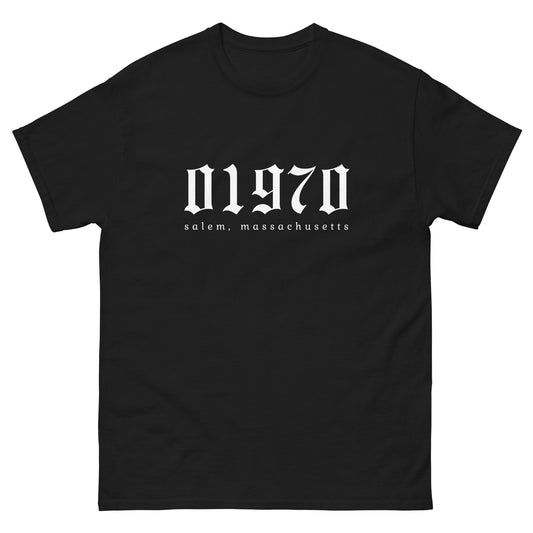 A black t-shirt with the Salem zip code written in a gothic white font