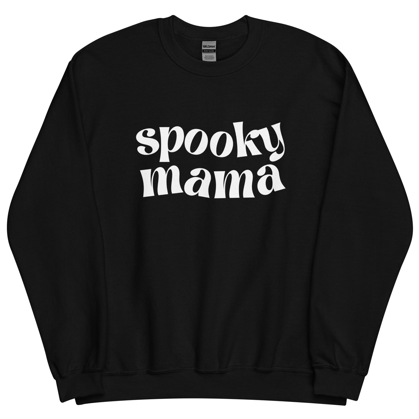 A black crewneck sweatshirt that says "spooky mama" in a trendy white font