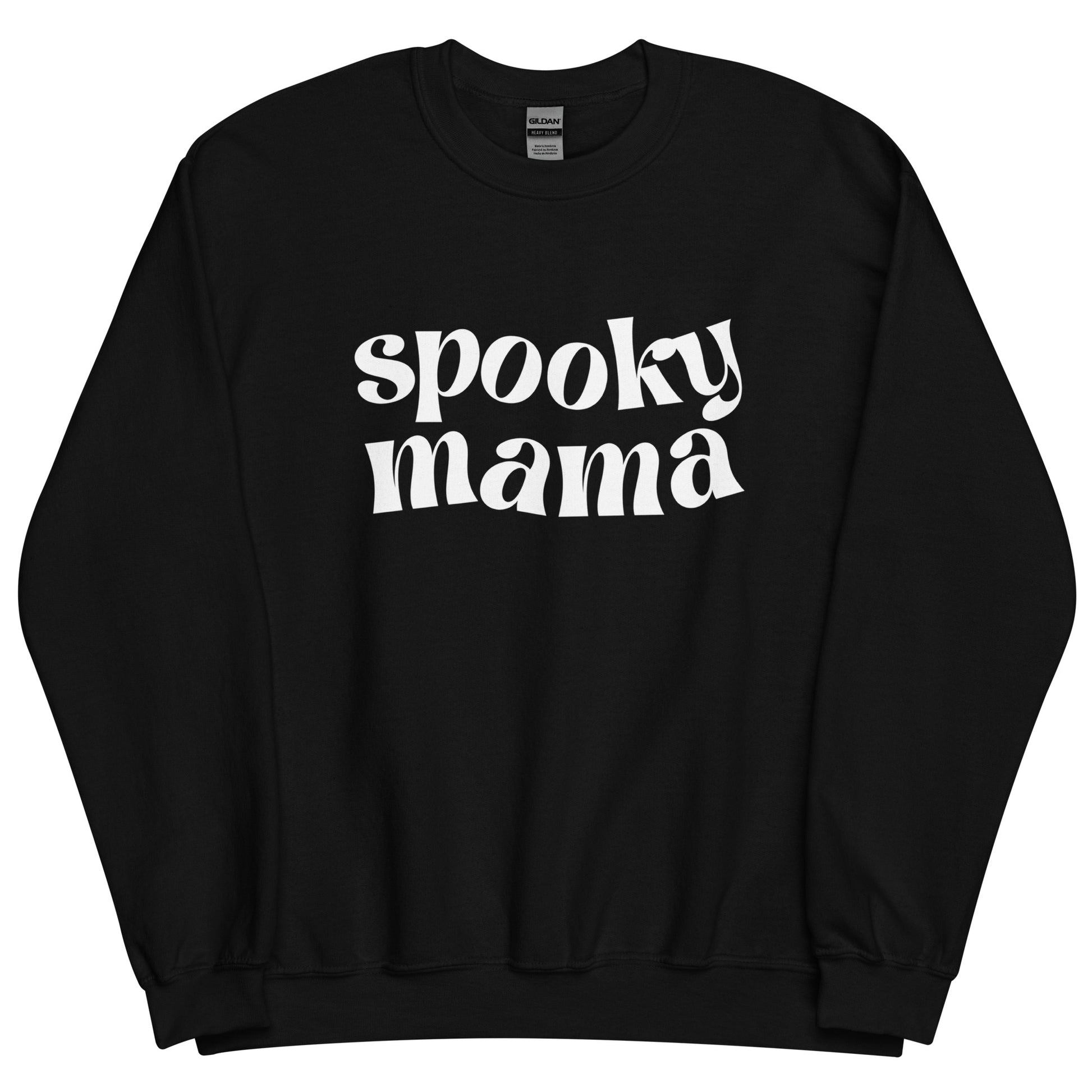 A black crewneck sweatshirt that says "spooky mama" in a trendy white font