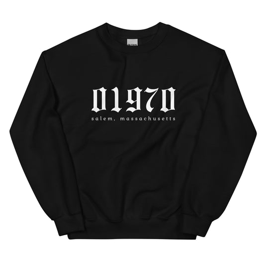 A black crewneck sweatshirt with the Salem, Massachusetts zip code written in gothic white font