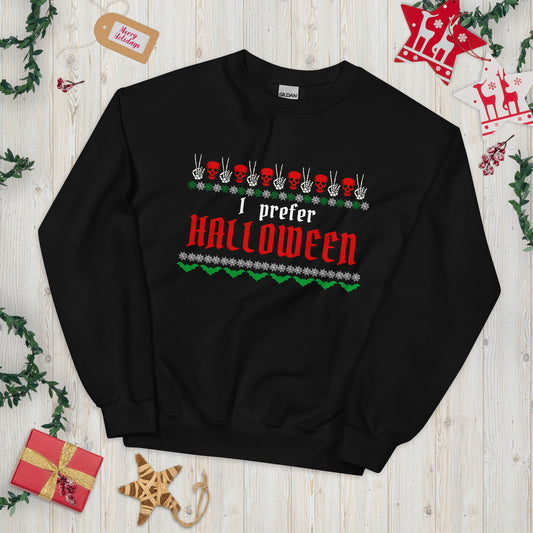 A black crewneck sweatshirt with a Christmas-inspired design that says "I prefer Halloween" in classic Christmas colors