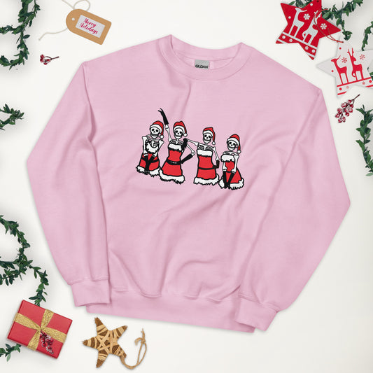 A pink crewneck sweatshirt with a Mean Girls inspired lineup of skeletons wearing the Santa outfits from the Christmas talent show