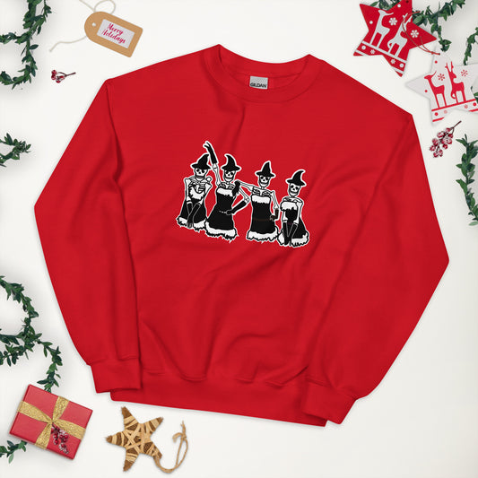 A red crewneck sweatshirt featuring a Mean Girls inspired lineup of skeletons wearing Santa dresses and witch hats