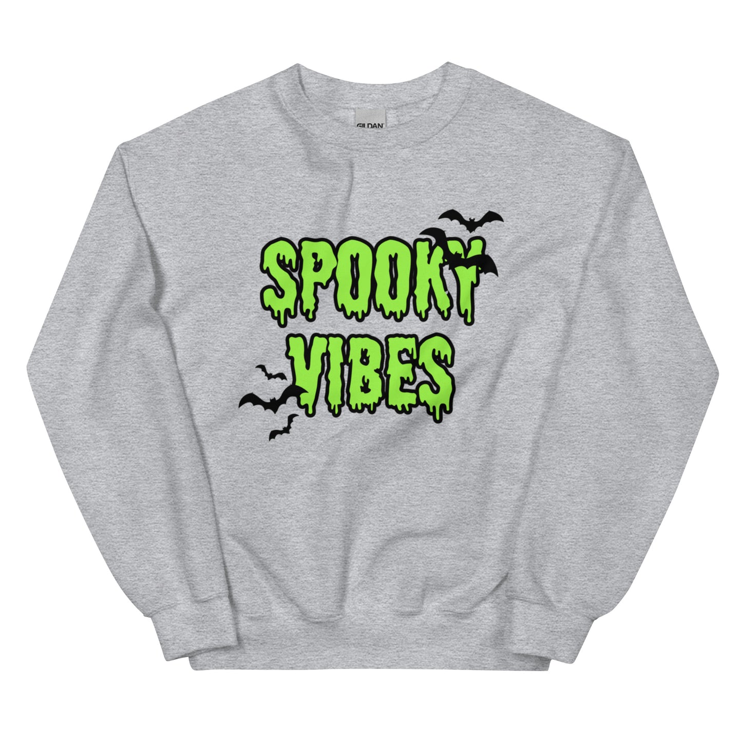 A gray Halloween crewneck sweatshirt that says "spooky vibes" in a creepy, dripping lime green font, surrounded by bats