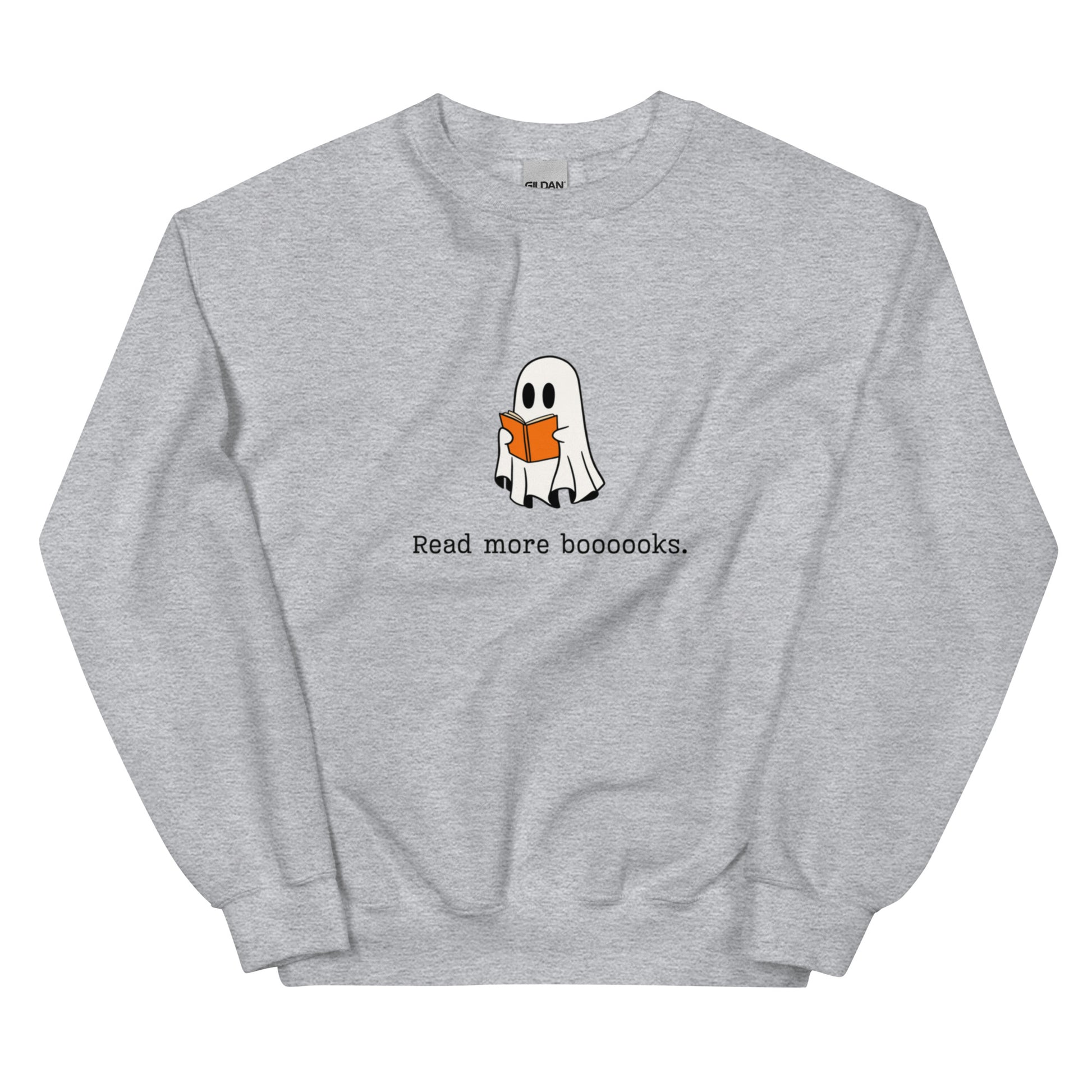 A gray Halloween crewneck sweatshirt featuring a ghost reading a book, with the phrase "Read more boooooks" underneath