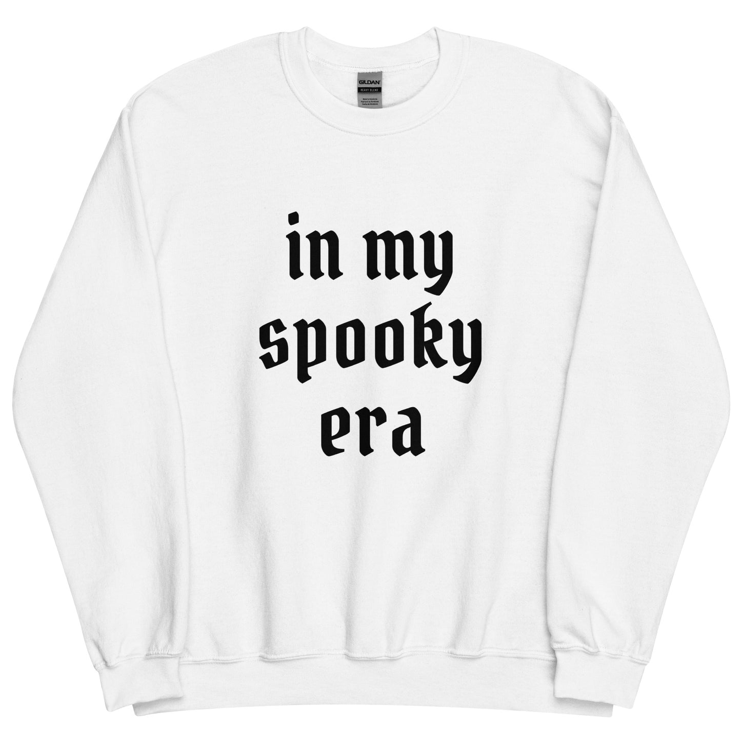 A white crewneck sweatshirt that says "in my spooky era" in black gothic font