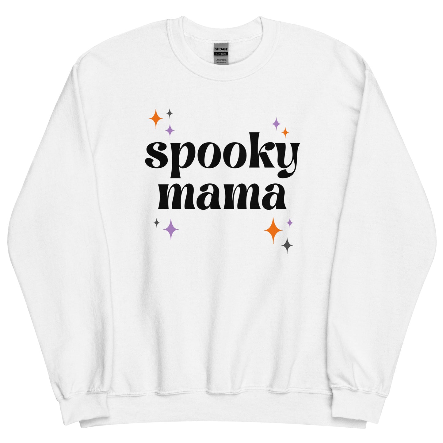 A white crewneck sweatshirt that says "spooky mama" in a black retro font, surrounded by orange and purple "sparkles"