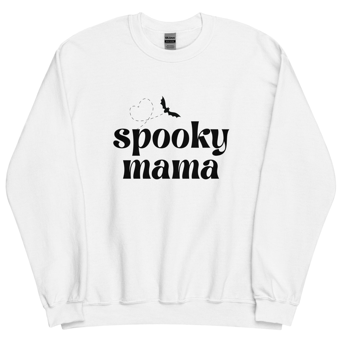 A white crewneck sweatshirt that says "spooky mama" in a black, trendy font, featuring a flying bat with a heart-shaped flight trail