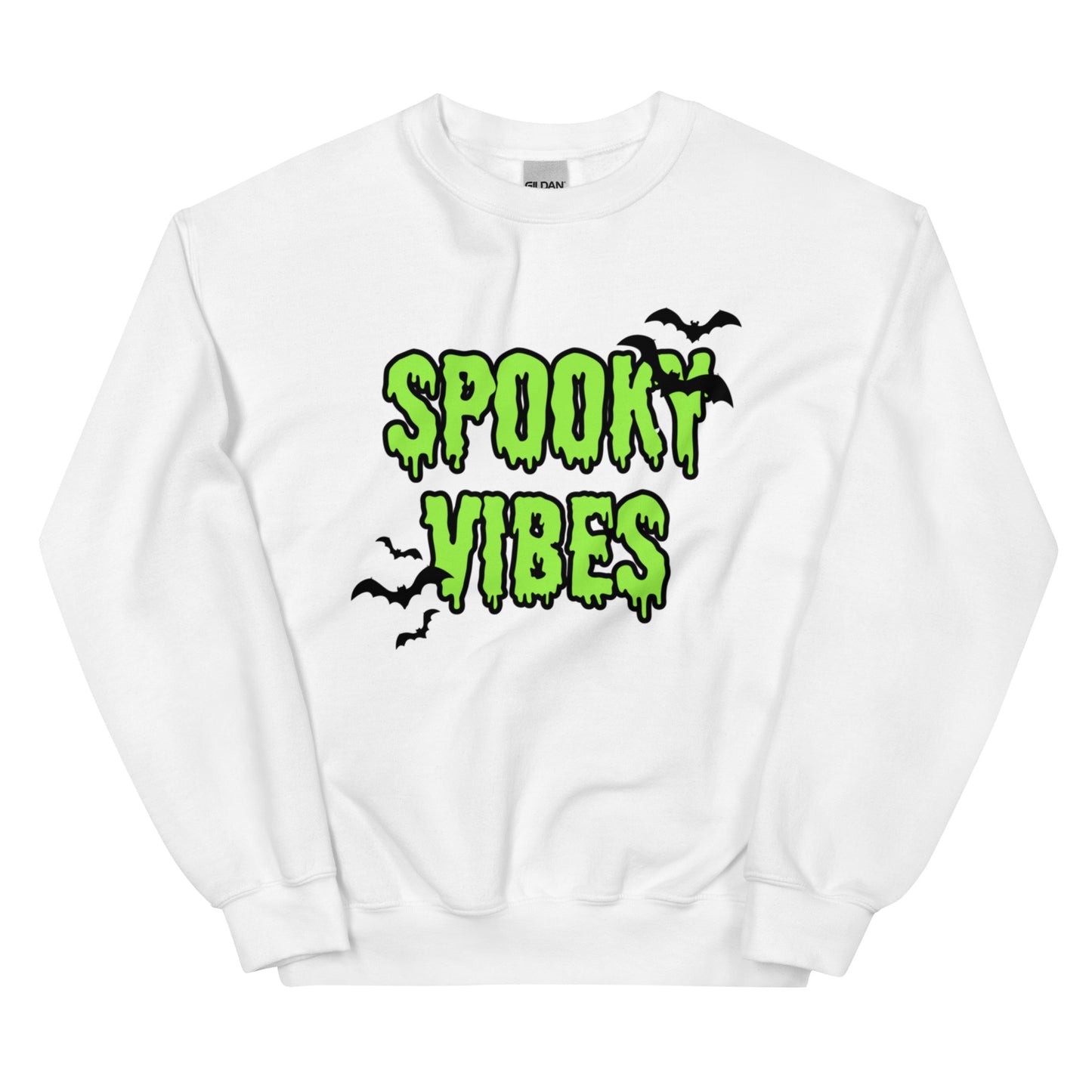 A white Halloween crewneck sweatshirt that says "spooky vibes" in a creepy, dripping lime green font, surrounded by bats