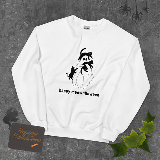 A white Halloween crewneck sweatshirt, featuring a ghost holding three black cats, with the phrase "Happy Meow-lloween" underneath