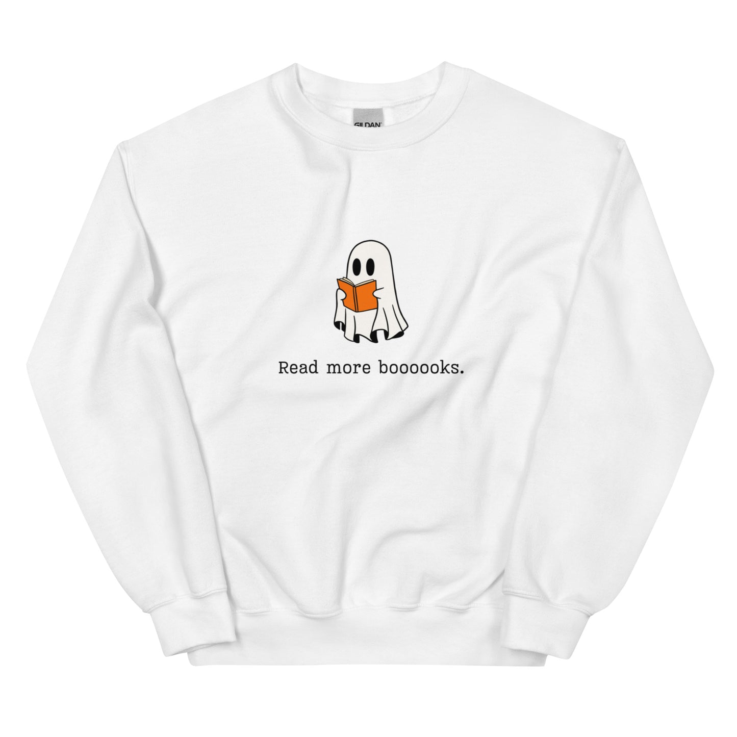 A white Halloween crewneck sweatshirt featuring a ghost reading a book, with the phrase "Read more boooooks" underneath