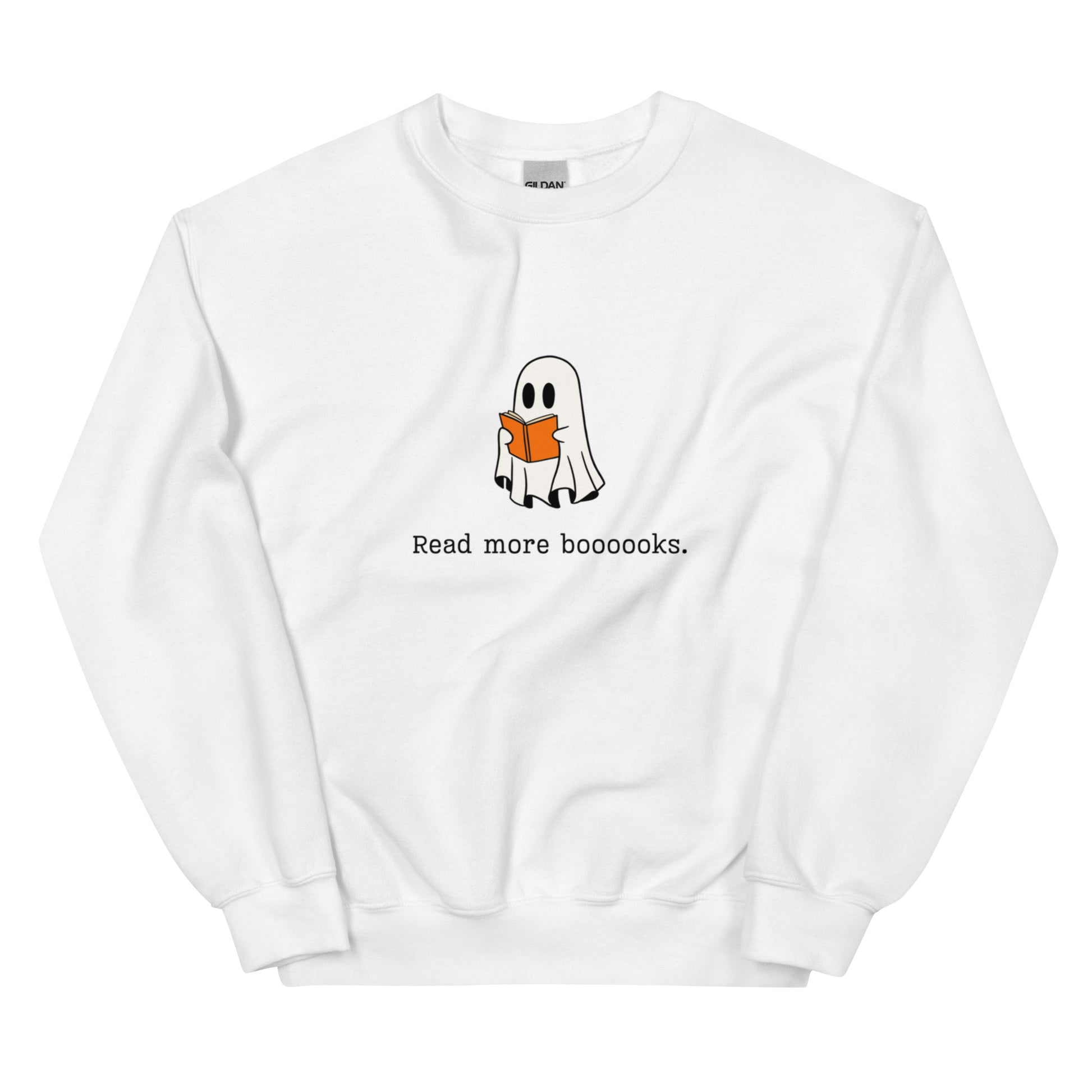 A white Halloween crewneck sweatshirt featuring a ghost reading a book, with the phrase "Read more boooooks" underneath