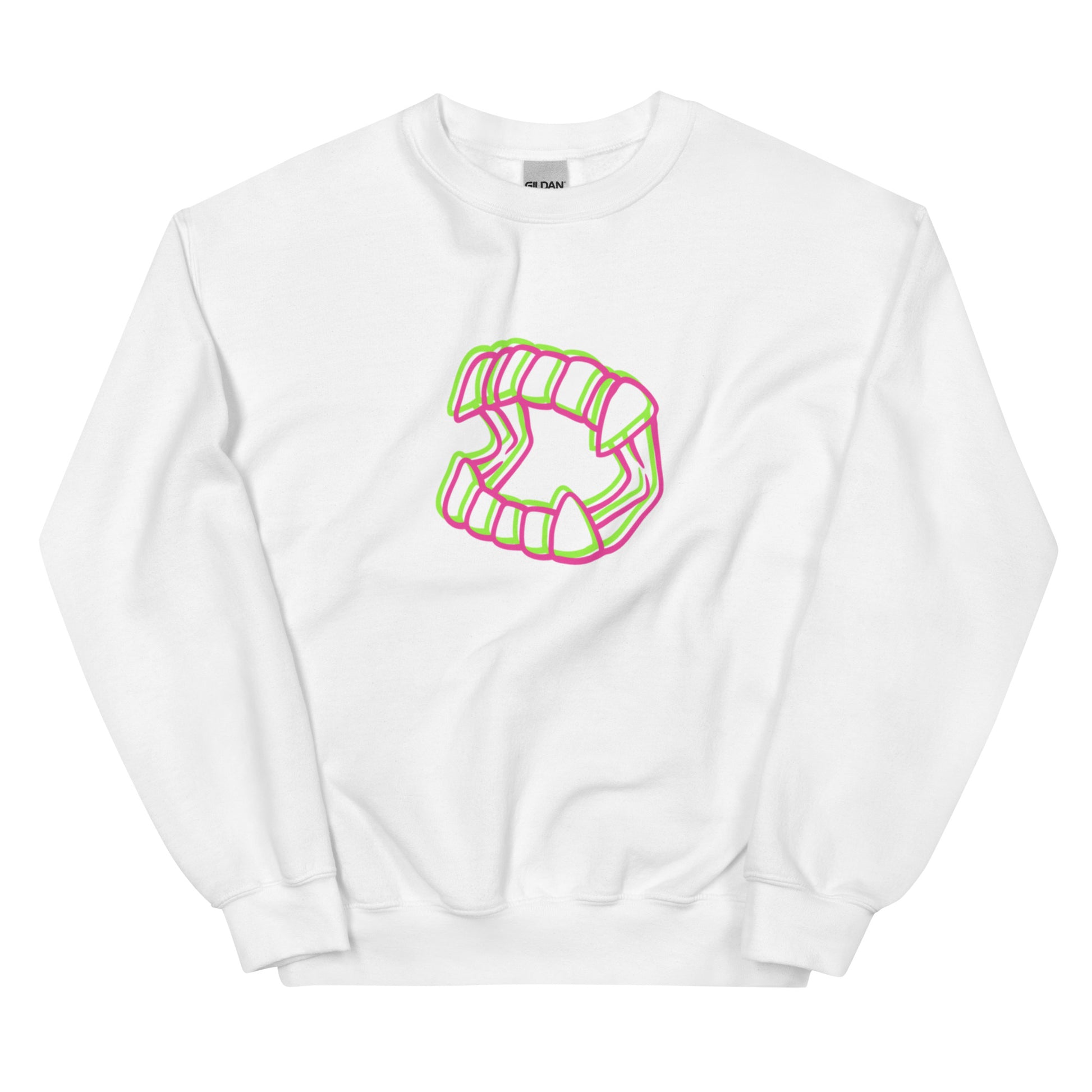 A white Halloween crewneck sweatshirt featuring an image of "glitch" style pink and green vampire teeth