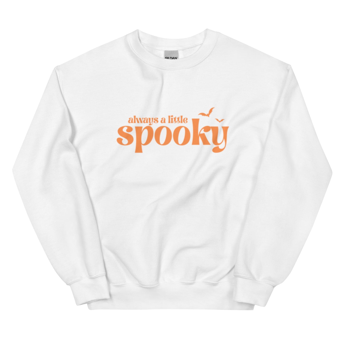 A white Halloween crewneck sweatshirt that says "always a little spooky" in a trendy orange font