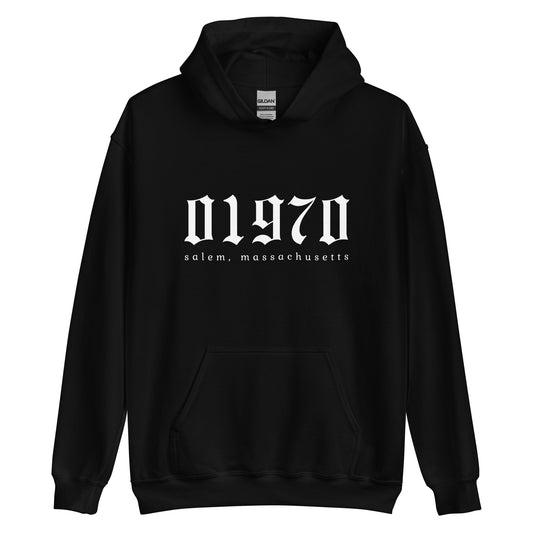 A black hoodie with the Salem, Massachusetts zip code written in gothic white font