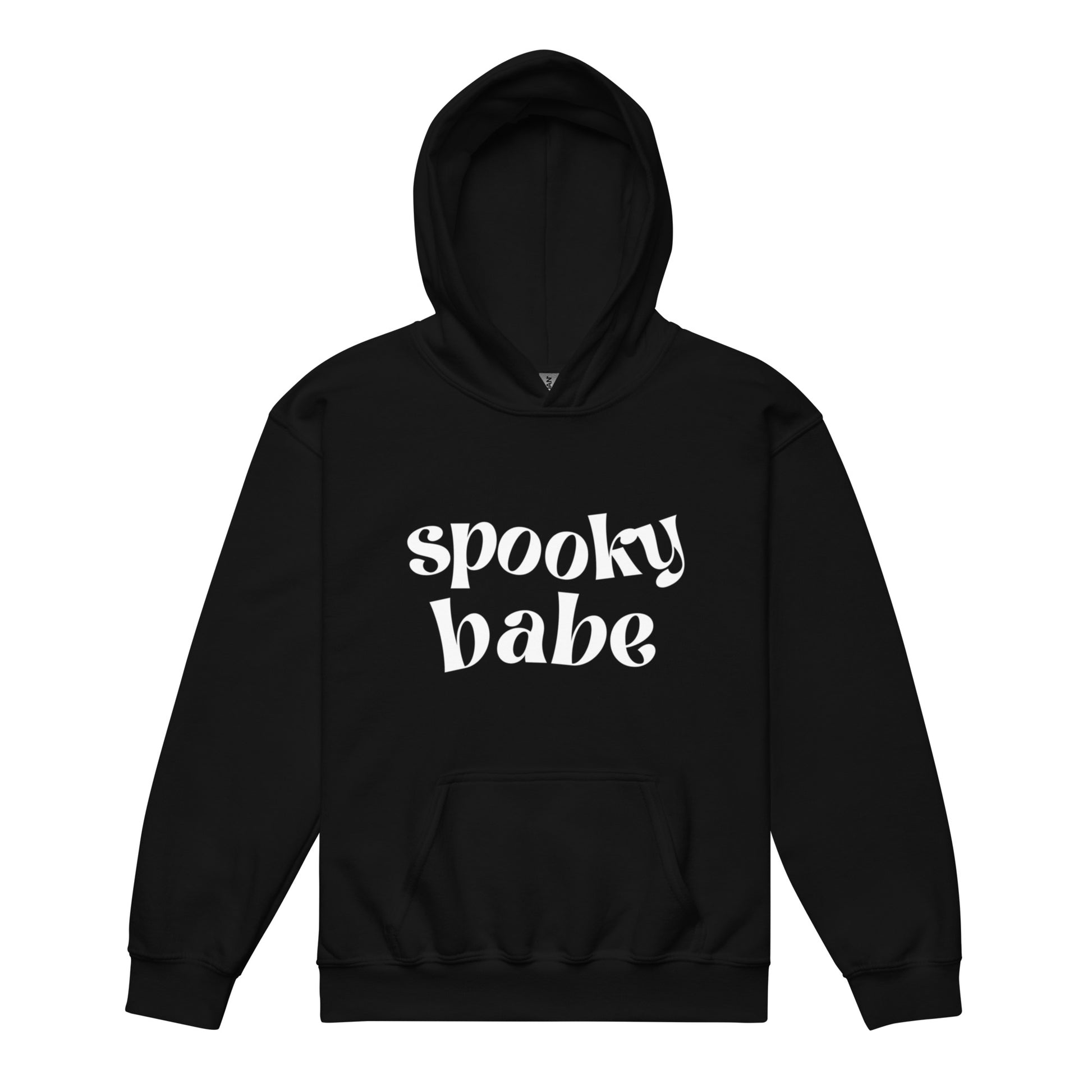 A black kids' hoodie that says "spooky babe" in a trendy white font