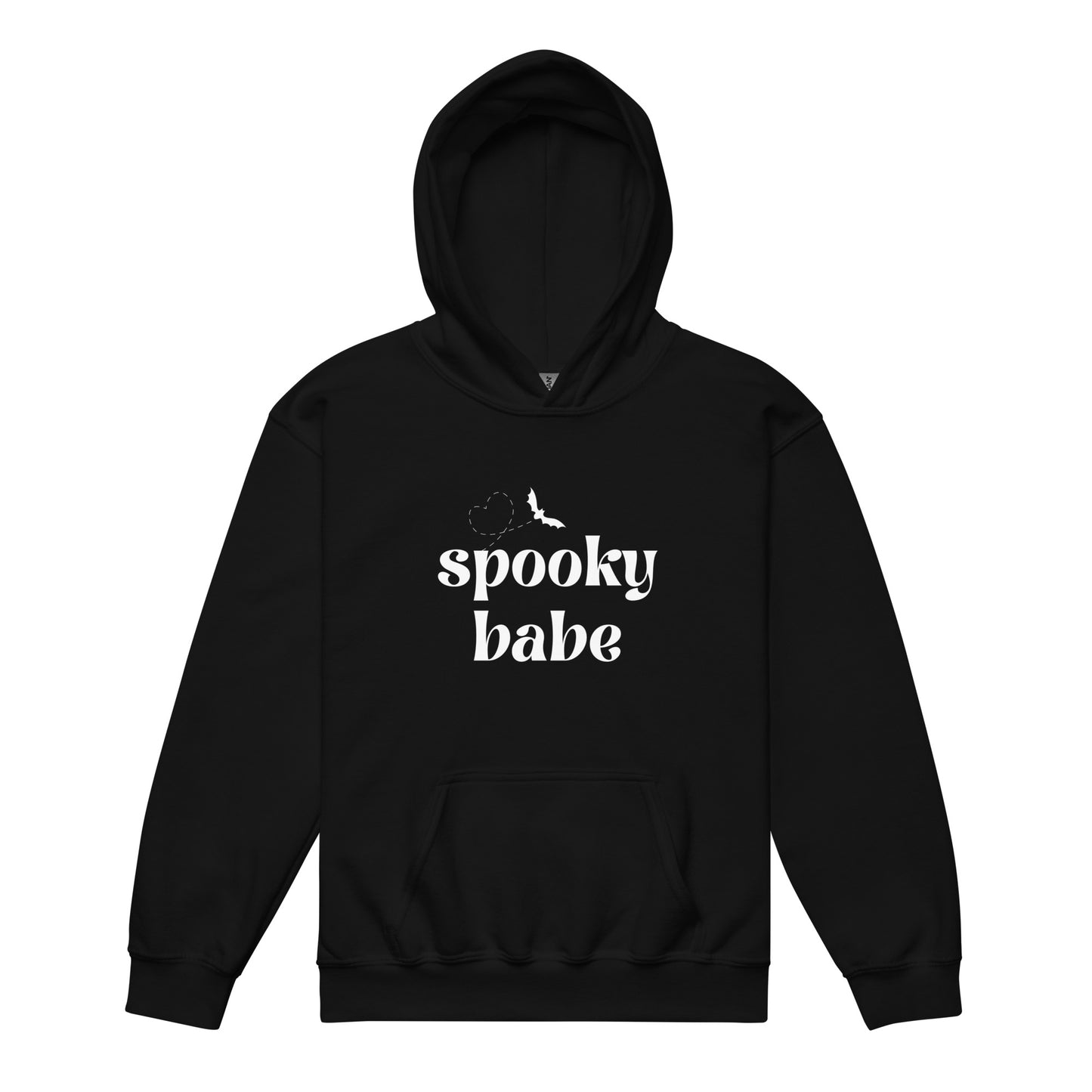 A black kids' hoodie that says "spooky babe" in a white retro font, with a bat flying in a heart-shaped pattern