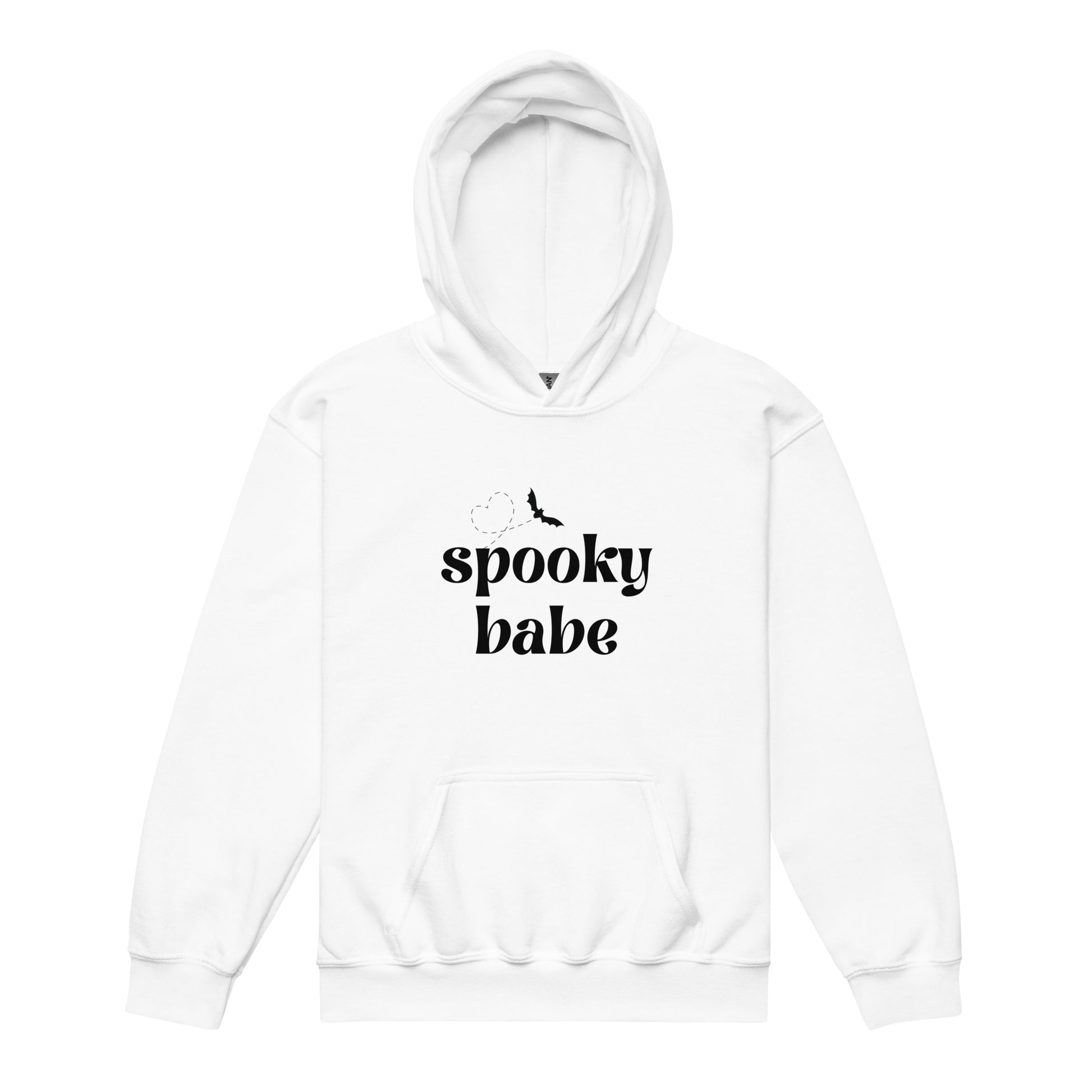 A white kids' hoodie that says "spooky babe" in a black retro font, with a bat flying in a heart-shaped pattern