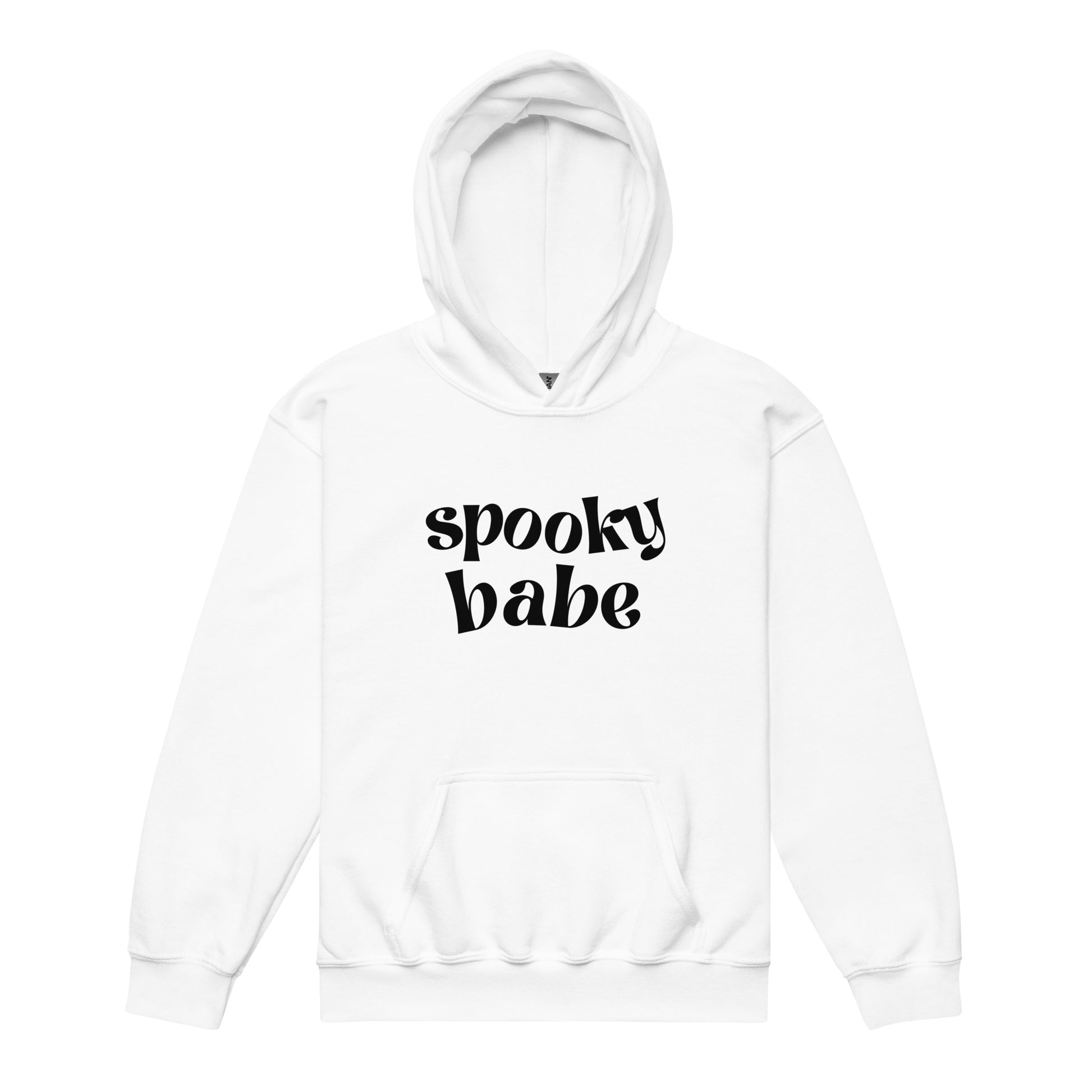 A white kids' hoodie that says "spooky babe" in a trendy black font