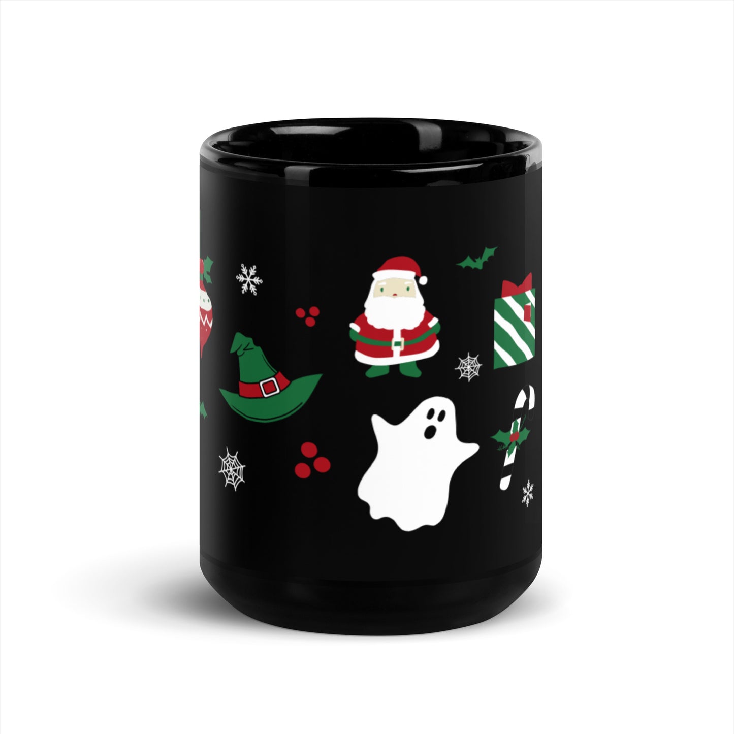 A black mug with a collage of classic Halloween and Christmas designs, including bats, spiderwebs, snowflakes, a ghost, a skull, a present, an ornament, and more!