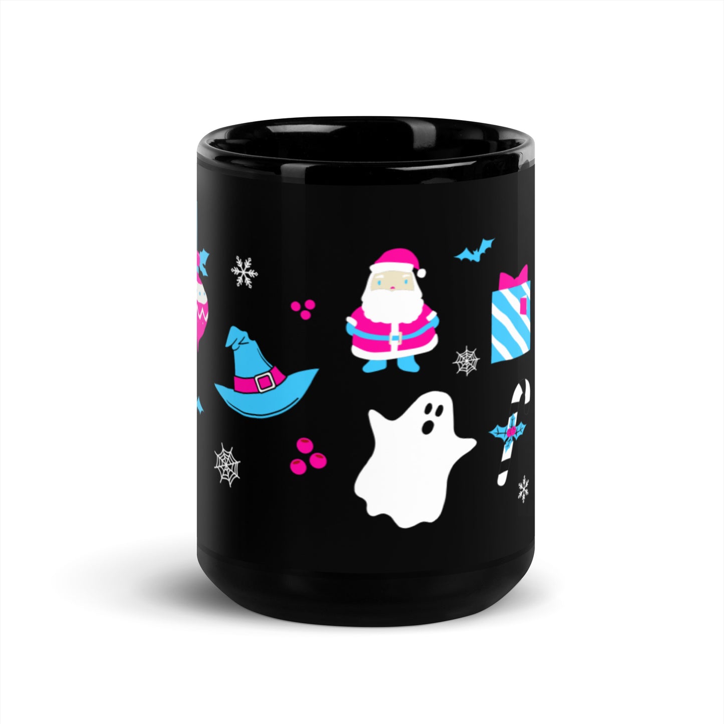 A black mug with a collage of classic Halloween and Christmas designs in non-traditional hot pink and aqua blue, including bats, spiderwebs, snowflakes, a ghost, a skull, a present, an ornament, and more!