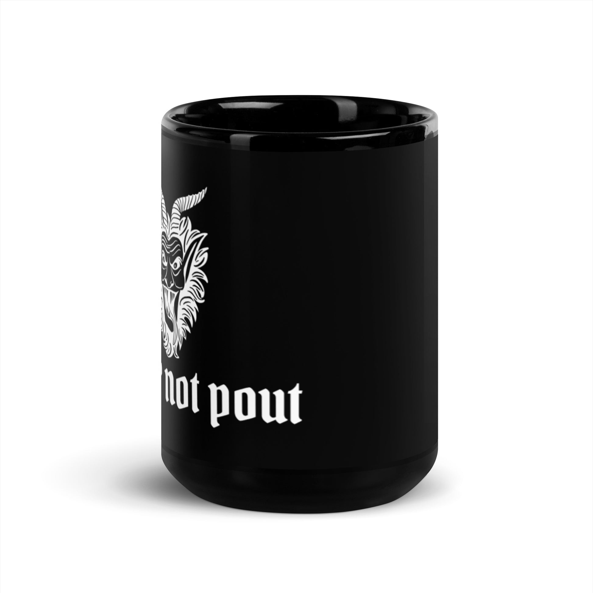 A black, spooky Christmas mug with a picture of Krampus and the phrase "Better Not Pout" written in white gothic-style letters