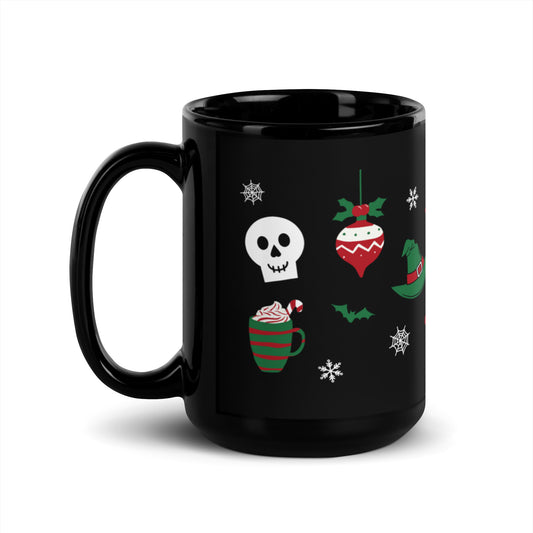 A black mug with a collage of classic Halloween and Christmas designs, including bats, spiderwebs, snowflakes, a ghost, a skull, a present, an ornament, and more!