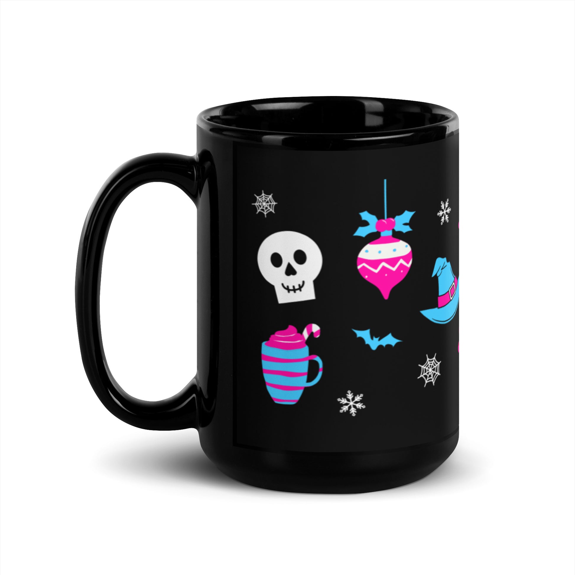 A black mug with a collage of classic Halloween and Christmas designs in non-traditional hot pink and aqua blue, including bats, spiderwebs, snowflakes, a ghost, a skull, a present, an ornament, and more!