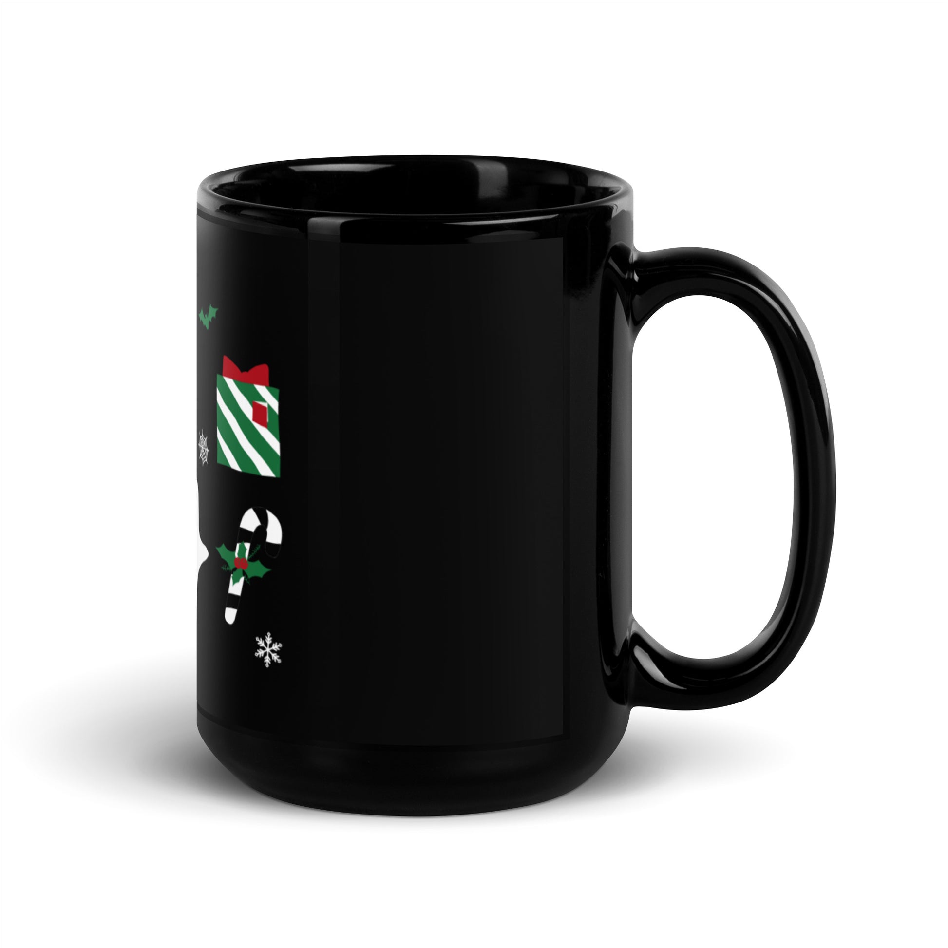 A black mug with a collage of classic Halloween and Christmas designs, including bats, spiderwebs, snowflakes, a ghost, a skull, a present, an ornament, and more!