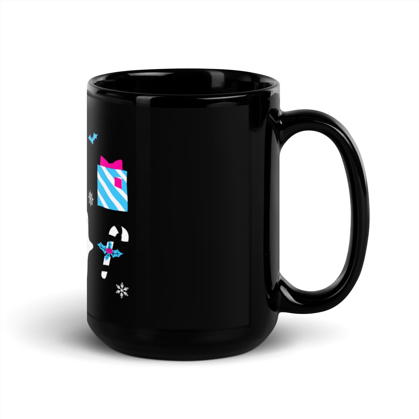 A black mug with a collage of classic Halloween and Christmas designs in non-traditional hot pink and aqua blue, including bats, spiderwebs, snowflakes, a ghost, a skull, a present, an ornament, and more!