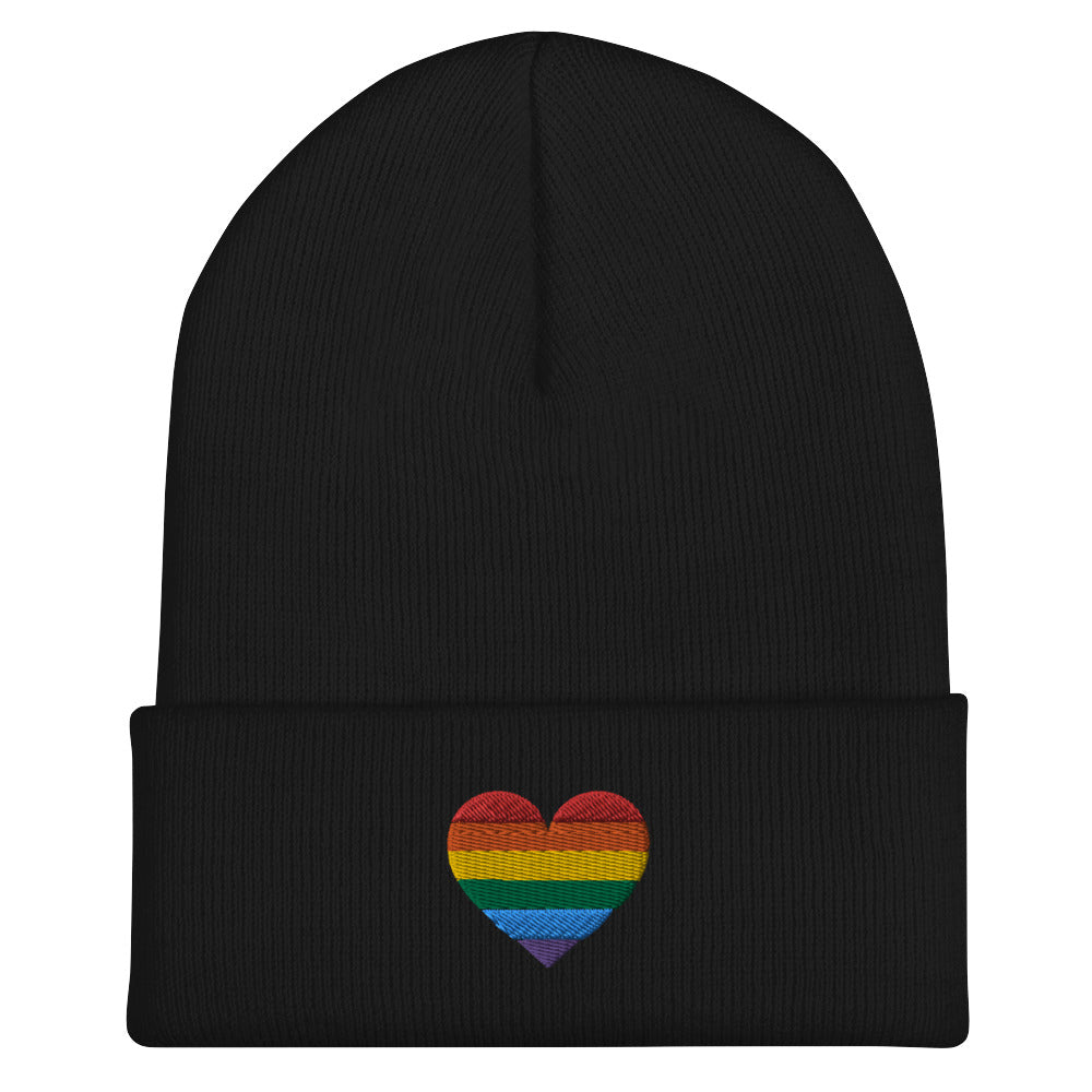 A black cuffed beanie with an embroidered rainbow heart