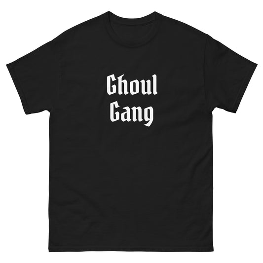 A black bachelorette party t-shirt with the words Ghoul Gang written in white, gothic-style letters