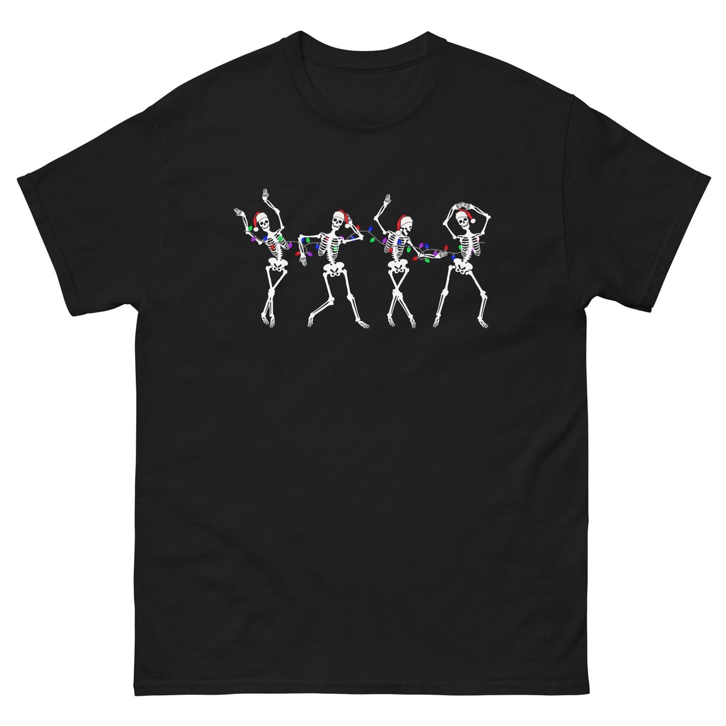 A black Christmas t-shirt with four dancing skeletons, each wearing a Santa hat and wrapped in Christmas lights