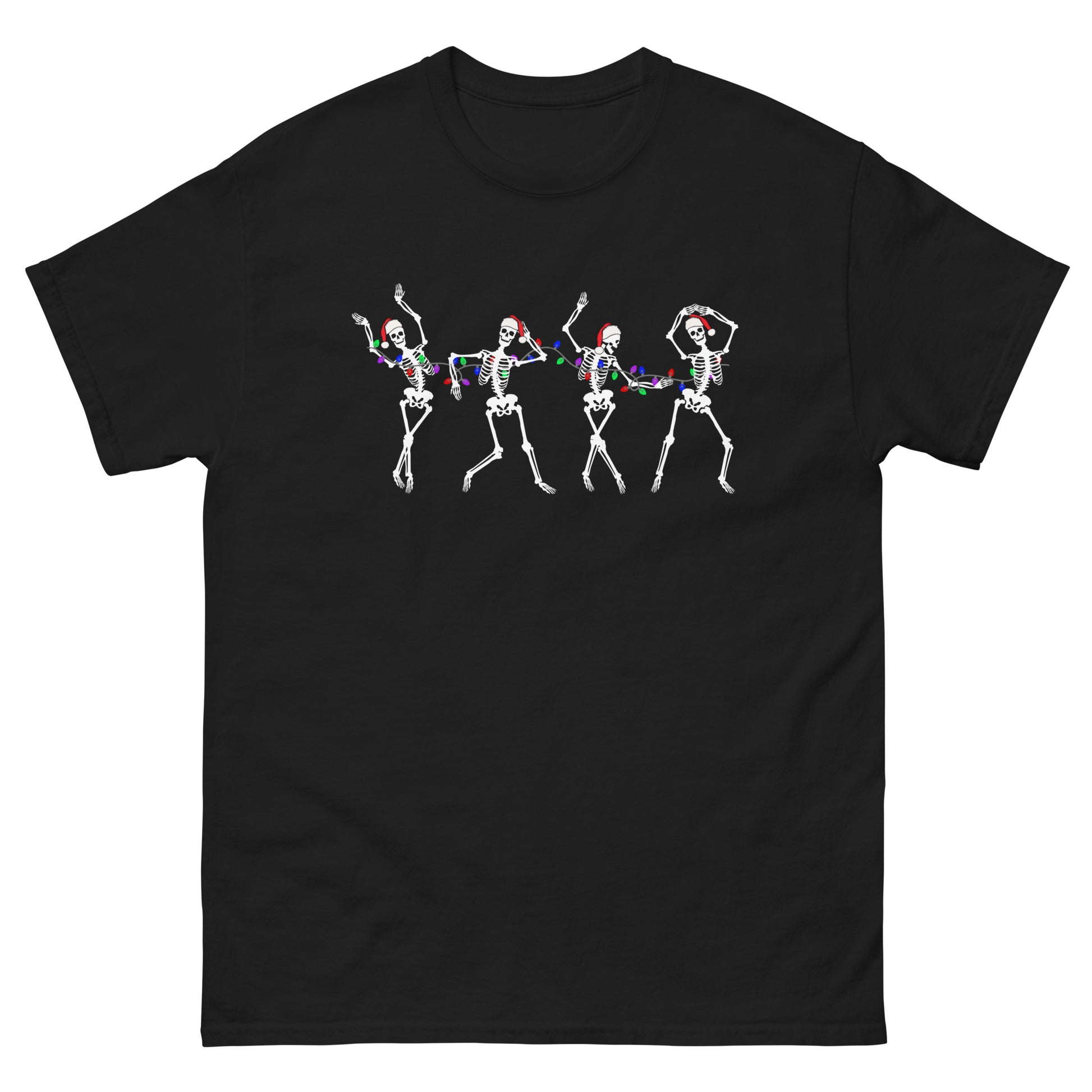 A black Christmas t-shirt with four dancing skeletons, each wearing a Santa hat and wrapped in Christmas lights