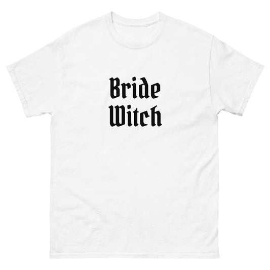 A white bachelorette party t-shirt that says "Bride Witch" in large, black, gothic-style letters