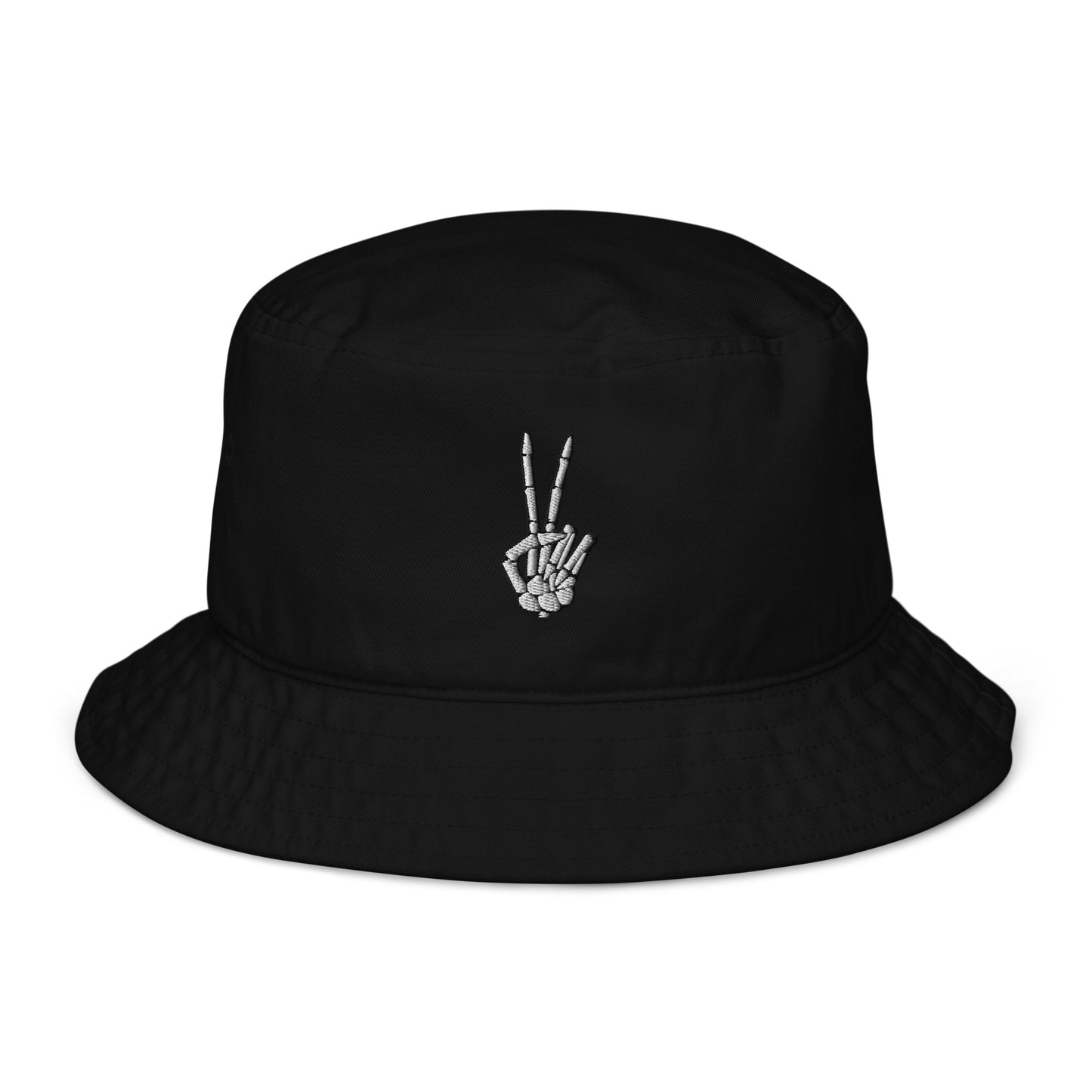 A black bucket hat featuring an embroidered skeleton hand making a peace sign