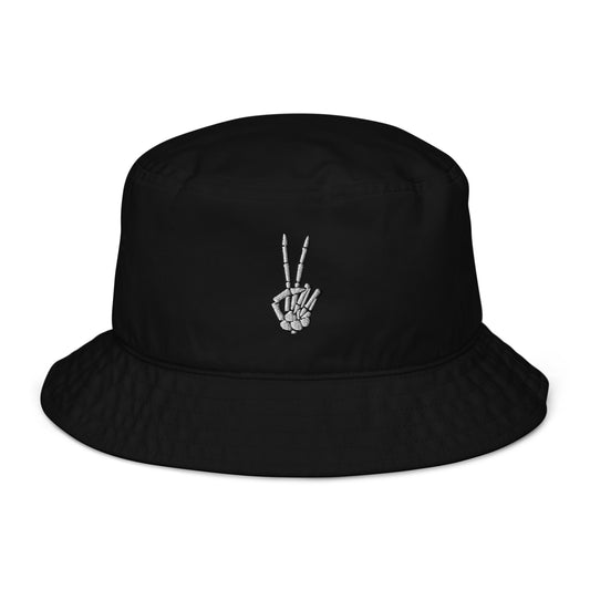 A black bucket hat featuring an embroidered skeleton hand making a peace sign