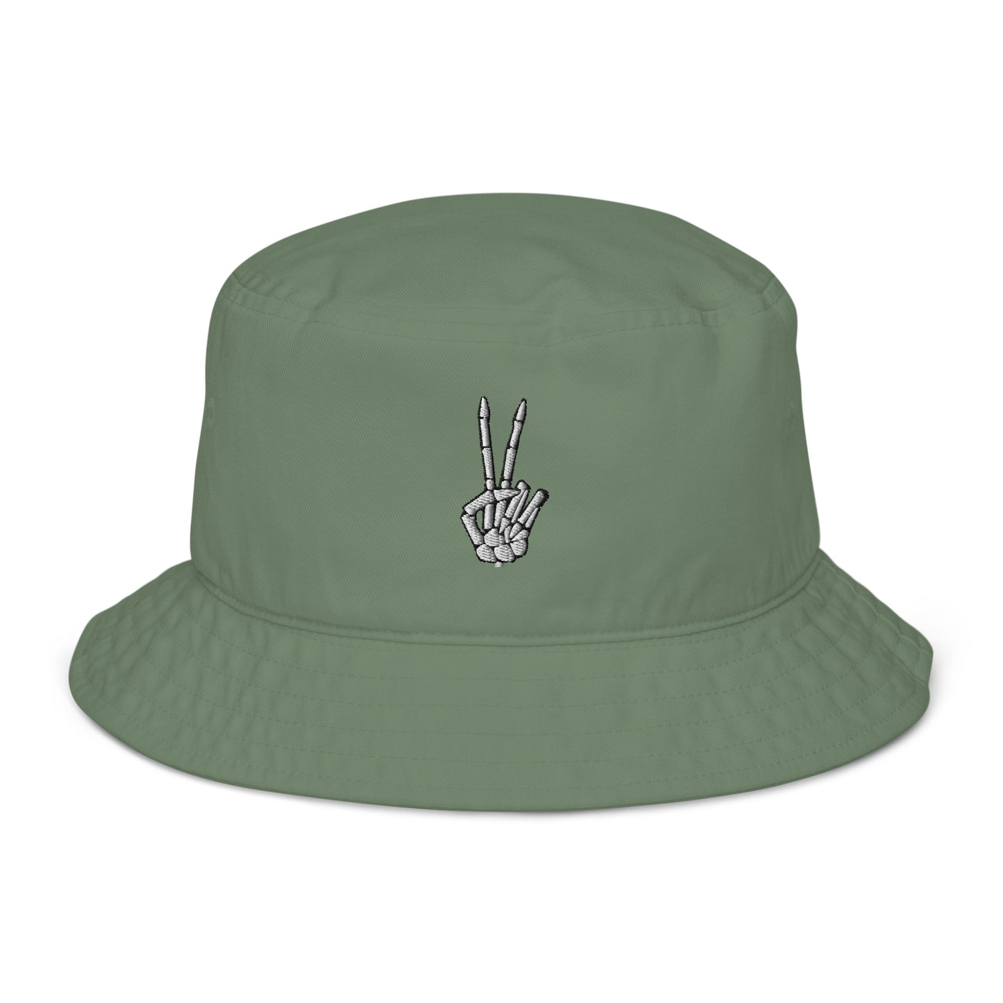 A sage green bucket hat featuring an embroidered skeleton hat making a peace sign