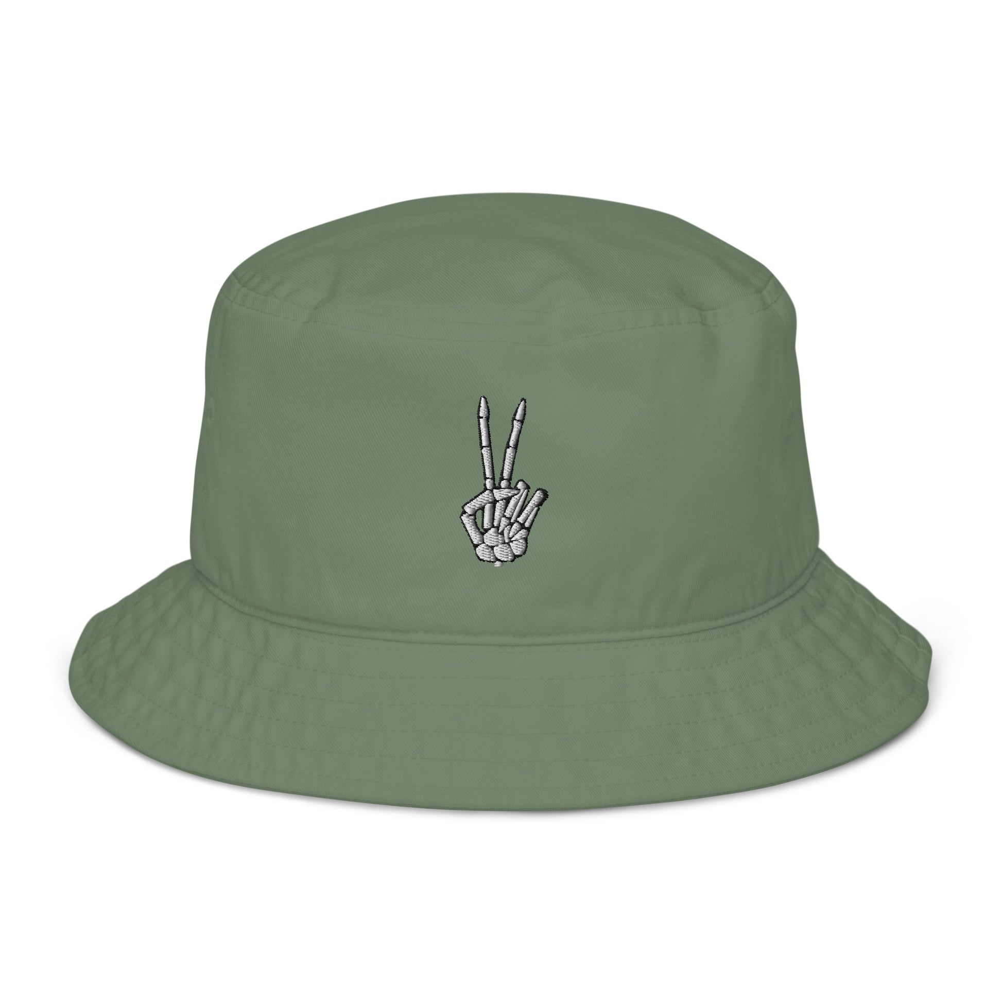 A sage green bucket hat featuring an embroidered skeleton hat making a peace sign