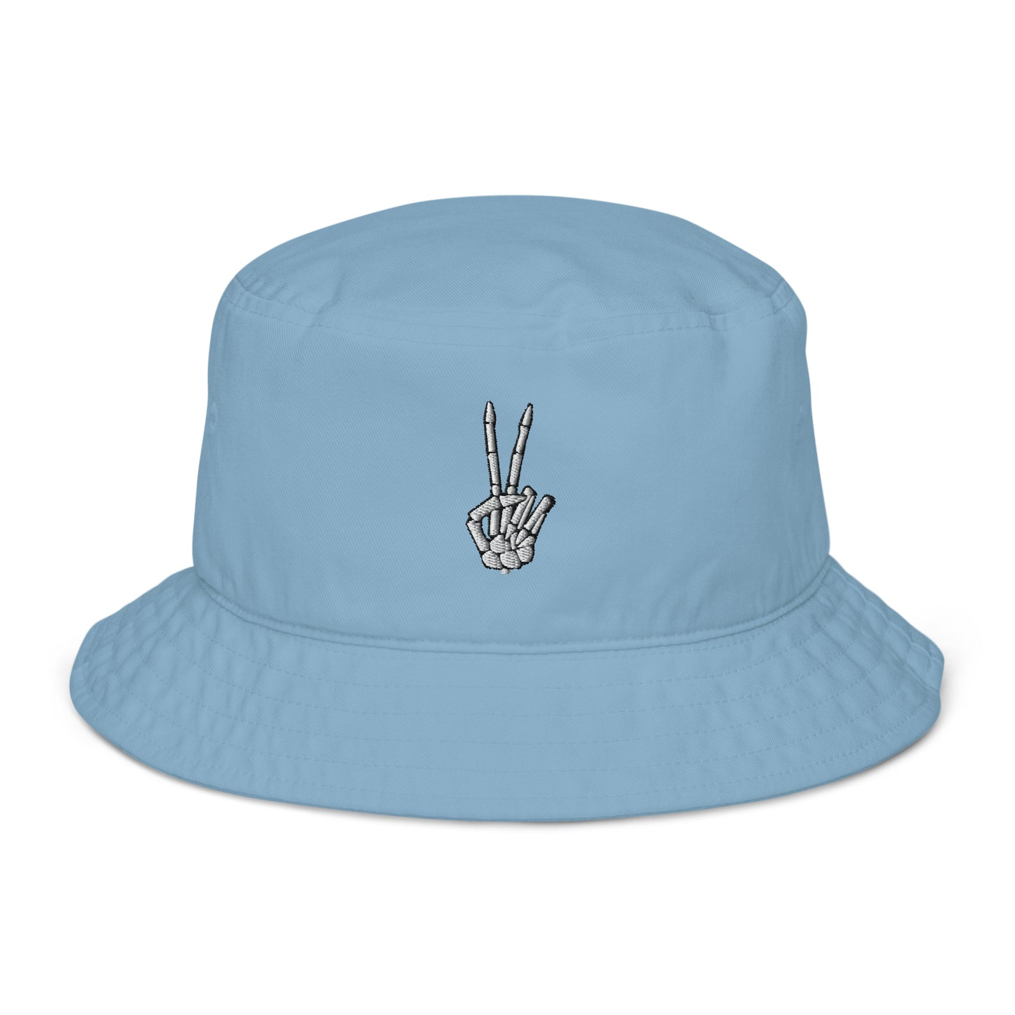 A baby blue bucket hat featuring an embroidered skeleton hand making a peace sign