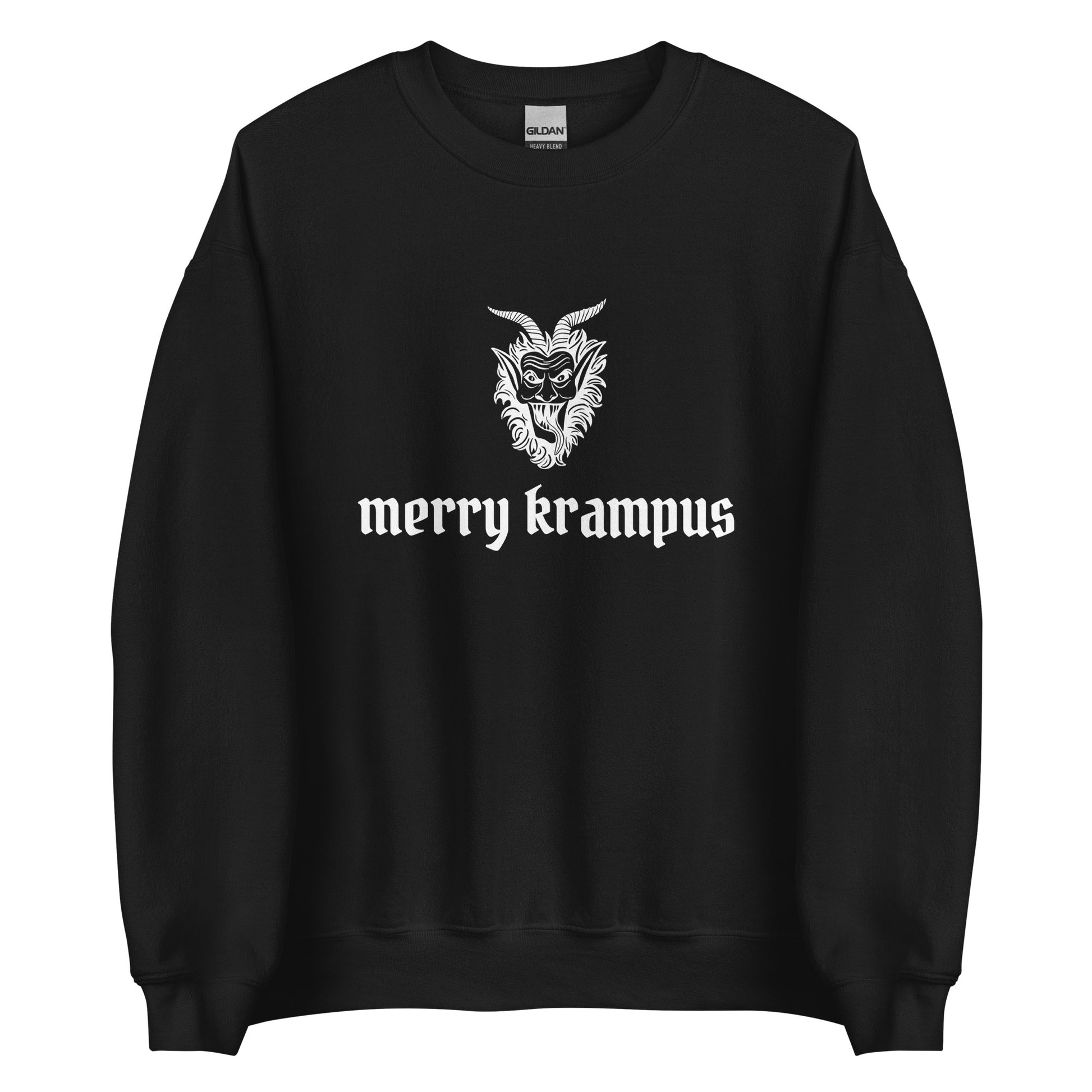 A black Christmas sweatshirt with a picture of Krampus and the phrase Merry Krampus written in white, gothic-style letters