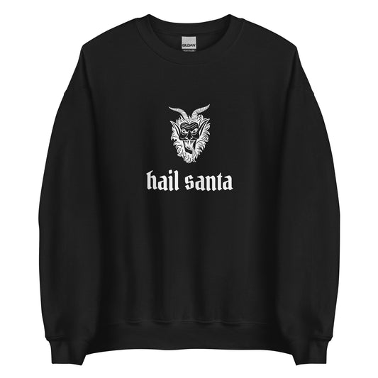 A black Christmas sweatshirt with a picture of Krampus and the phrase Hail Santa written in white, gothic-style letters