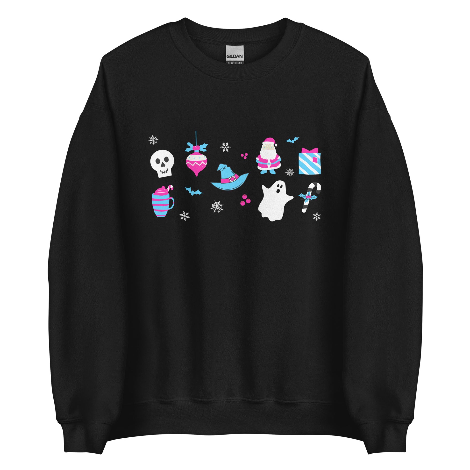 A black sweatshirt with a collage of classic Halloween and Christmas designs in non-traditional hot pink and aqua blue, including bats, spiderwebs, snowflakes, a ghost, a skull, a present, an ornament, and more!