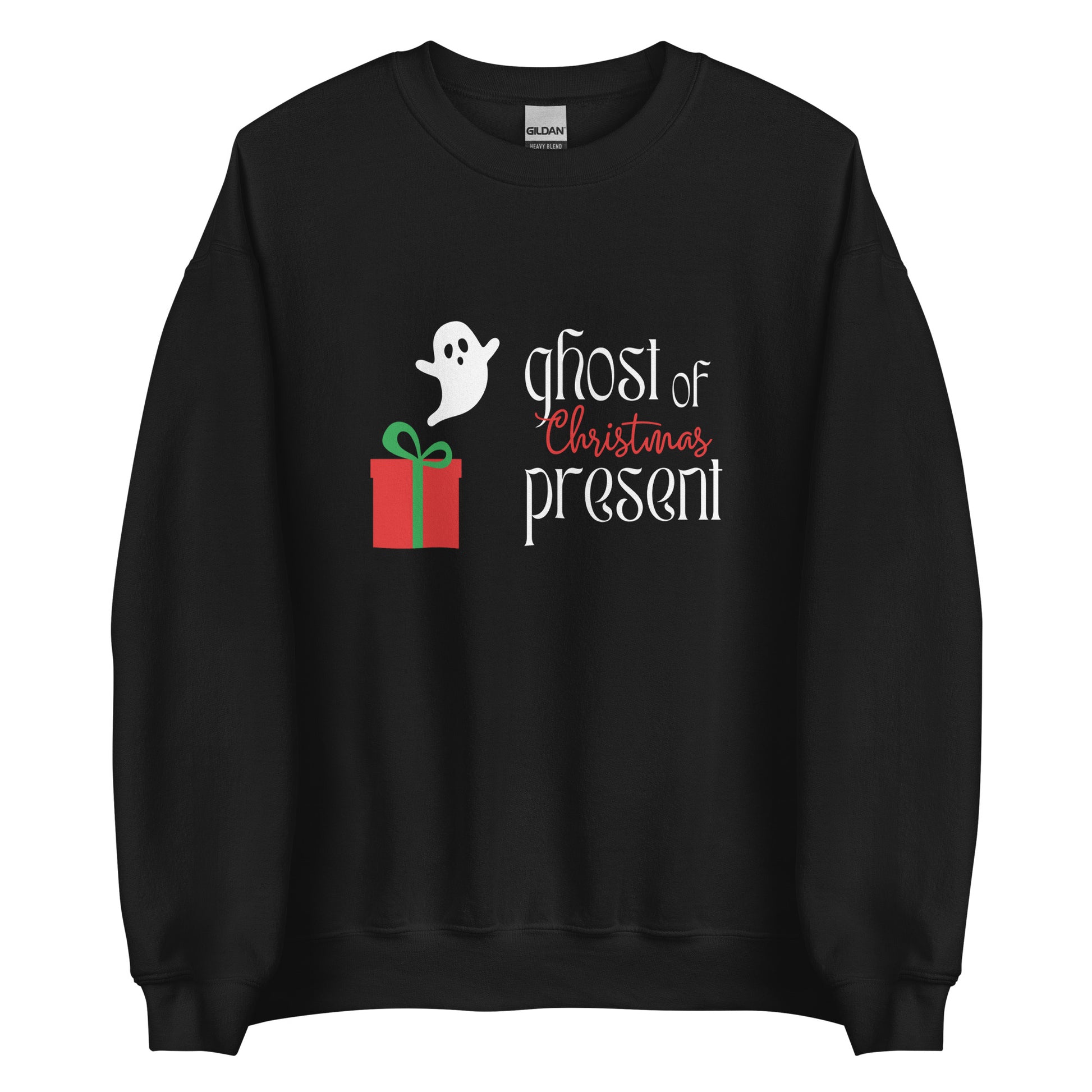 A black Christmas sweatshirt with a picture of a red gift tied with green ribbon, and a ghost coming out of the box. It says "Ghost of Christmas Present" in white and red.