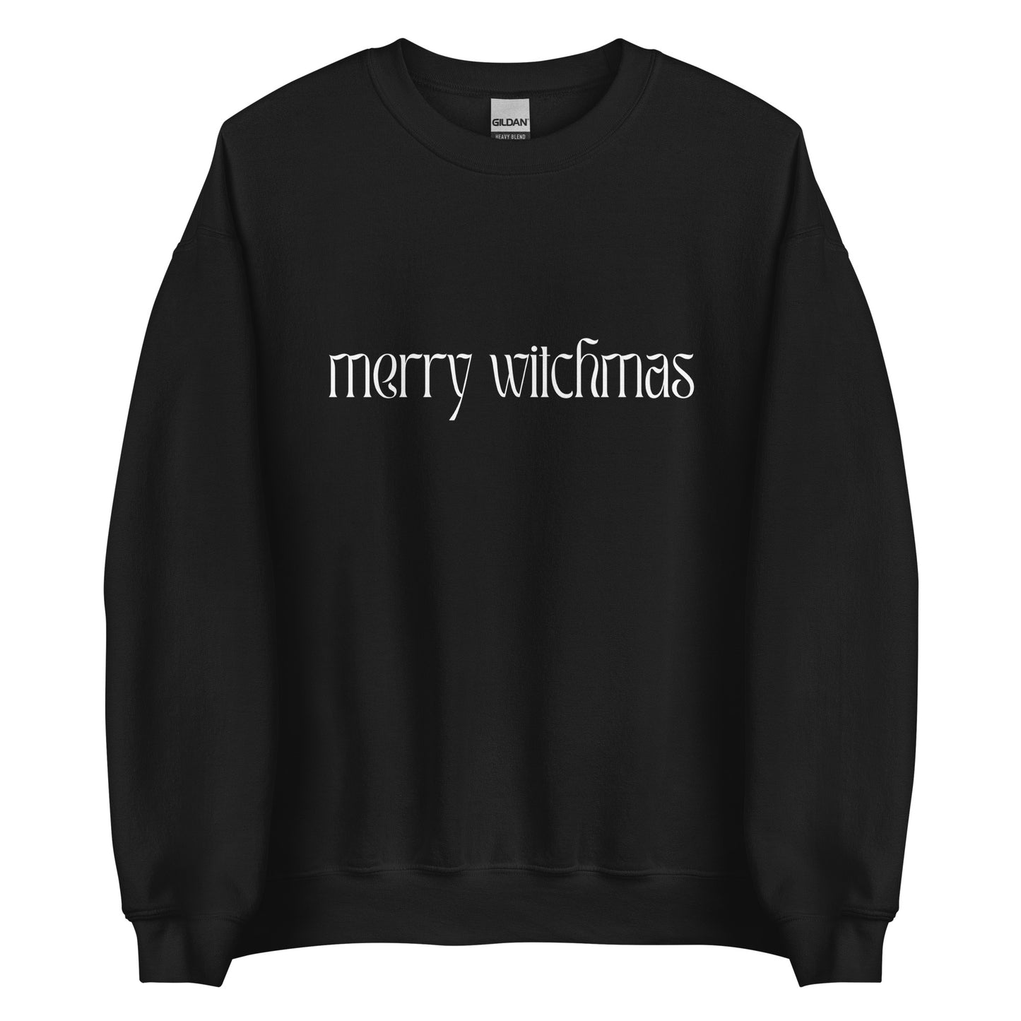 A black Christmas sweatshirt with the phrase Merry Witchmas in all lowercase white letters