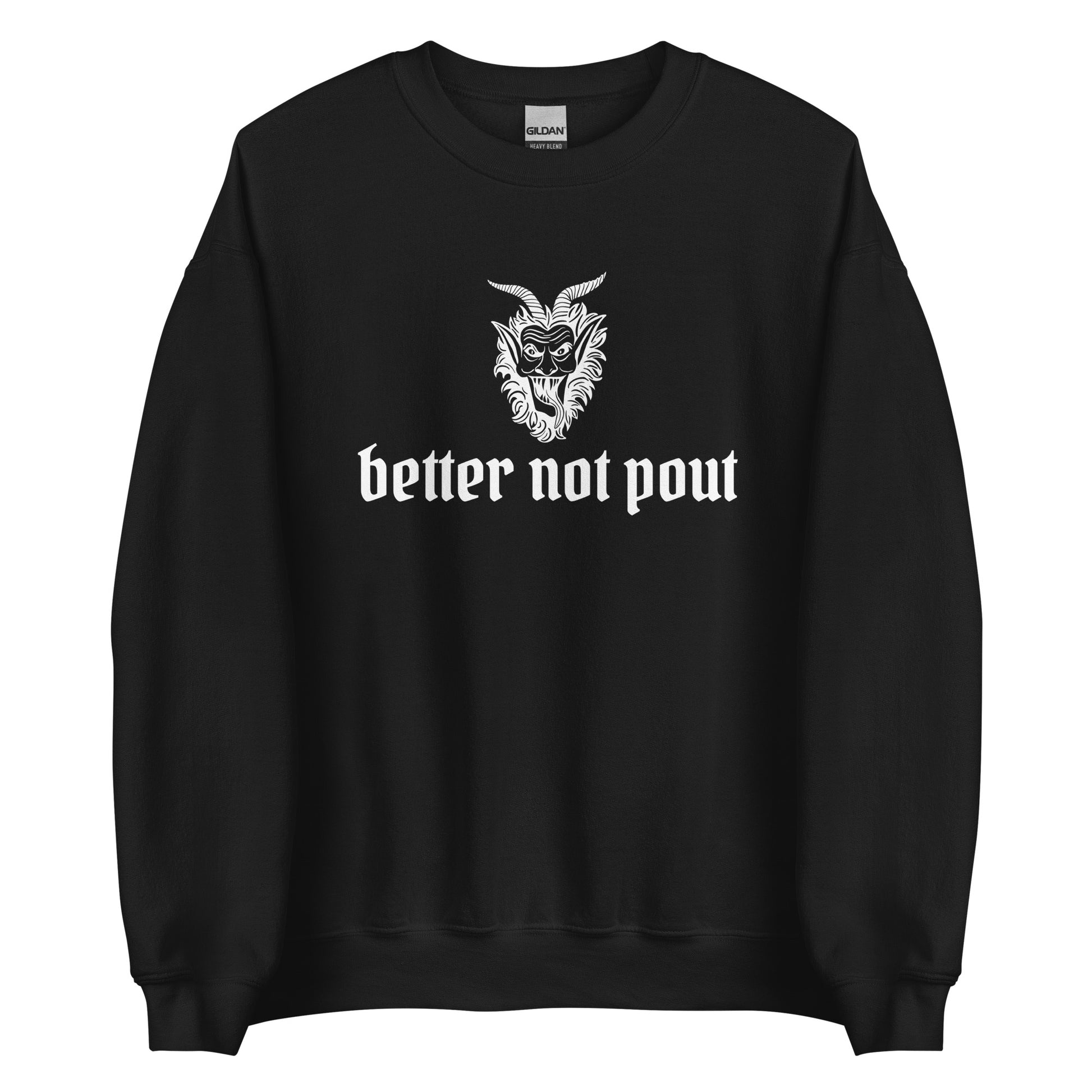 A black Christmas sweater with a picture of Krampus and the phrase "Better Not Pout" written in white gothic-style letters