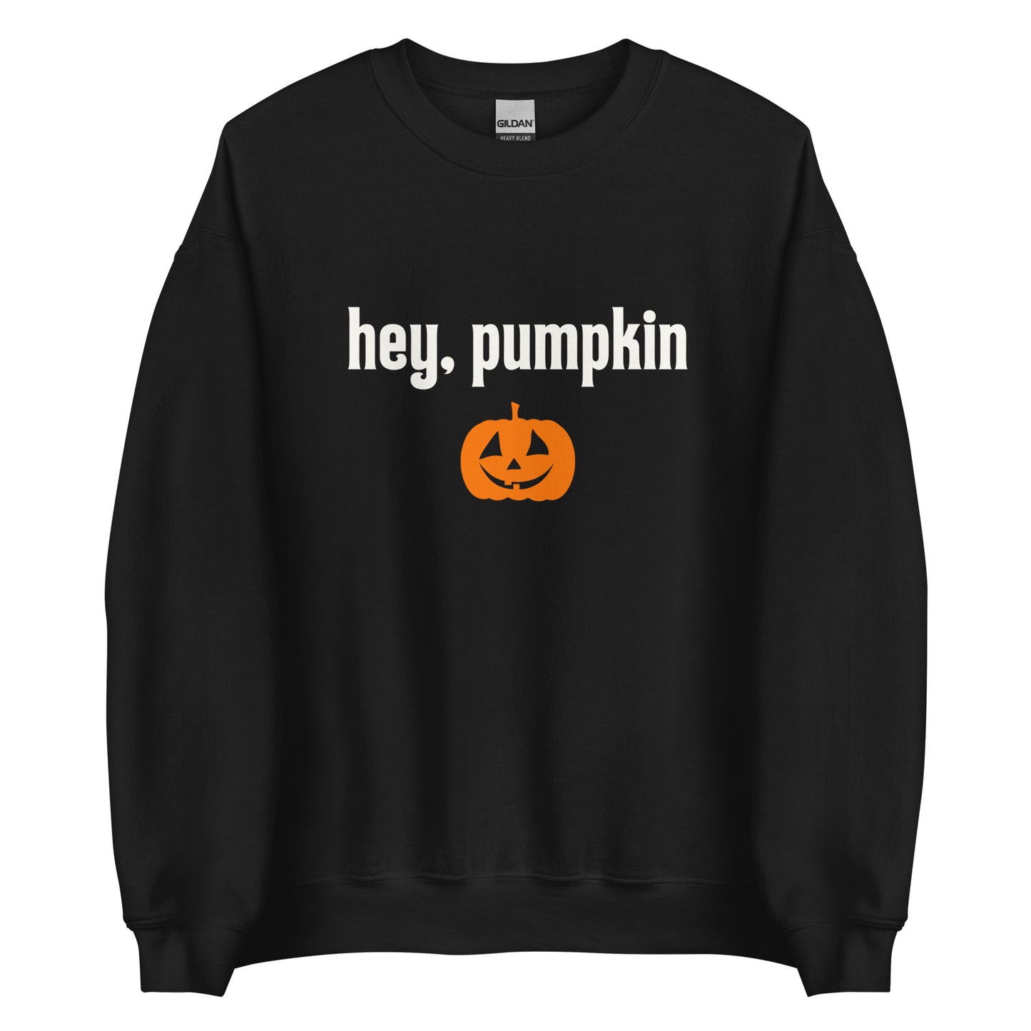 A black Halloween crewneck sweatshirt with the words Hey Pumpkin written in white, with a cute orange jack-o-lantern underneath