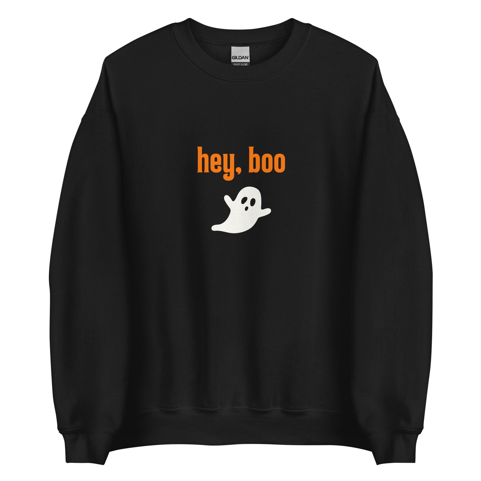 A black Halloween crewneck sweatshirt with the words Hey Boo written in orange, and a cute white ghost underneath