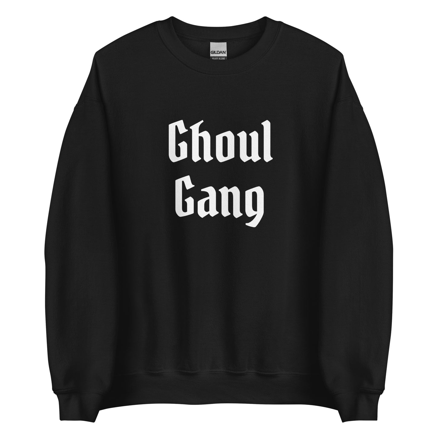 A black bachelorette party sweatshirt with the words "Ghoul Gang" written in large, white, gothic-style letters